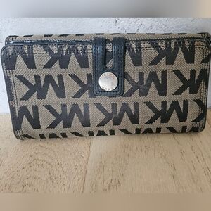 Michael Kors Black Logo Continental Wallet on Beige Canvas